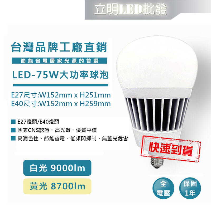 【立明 LED】台灣品牌 LED E27/E40 75W 大功率 球泡 燈泡 IP65防水防塵 高光效 白光/黃光