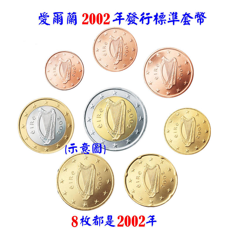 【首年幣】EURO 愛爾蘭2002歐元發行首年 1 cent ~ 2 Euro    全新8枚一組
