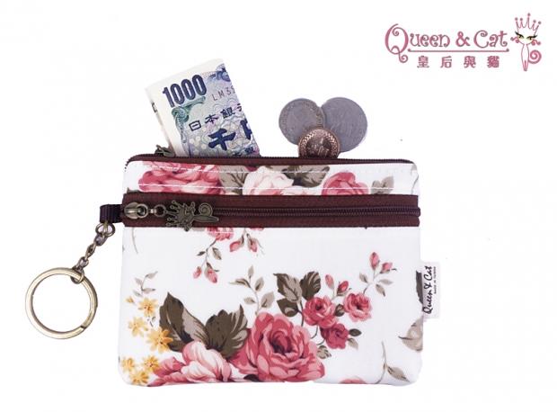 白鳥奈子精品舖 大零錢包 鑰匙圈零錢包 多功能防水布包 台灣製造 Queen & Cat 粉玫瑰 滿千免運