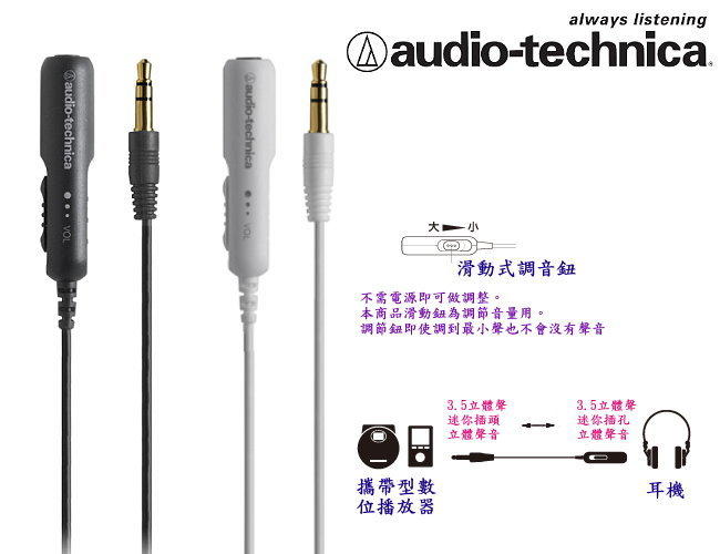 志達電子 AT3A50ST/0.5 日本鐵三角 耳機專用可調音延長線 50cm