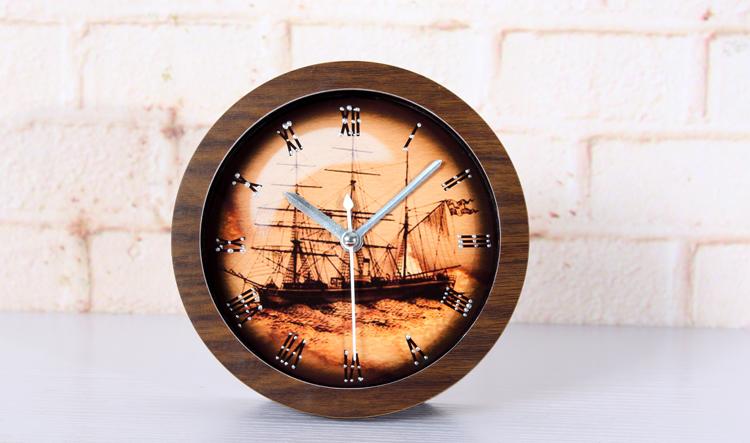 遠古航海時代 歐式復古帆船鬧鐘 木頭時鐘表 仿鐵釘桌坐鐘 床頭鍾