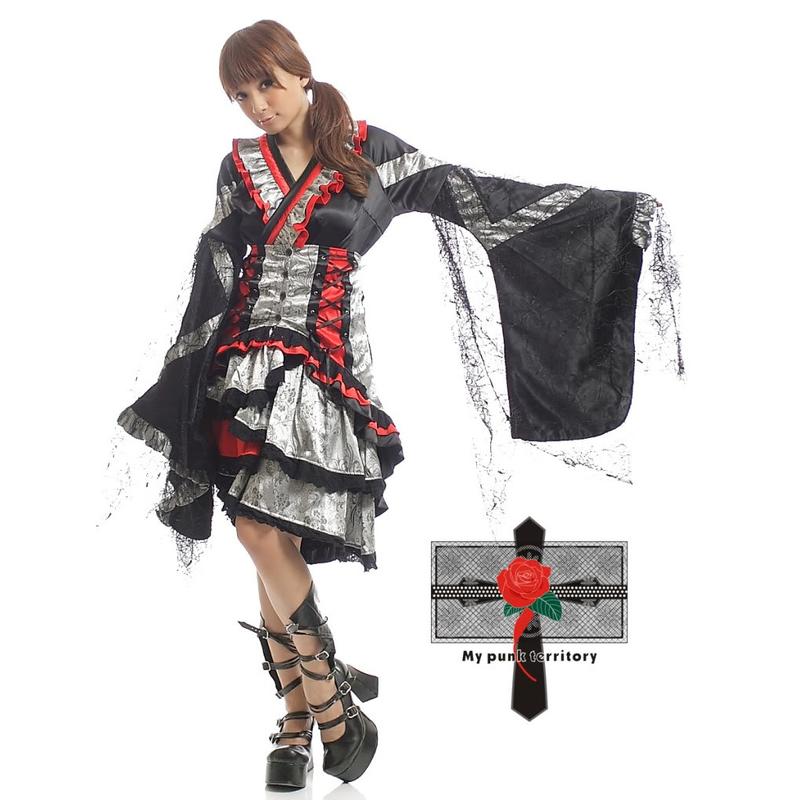 Punk Rock 日本原單緞面蕾絲紅色 Gothic Lolita 馬甲蜘蛛蕾絲和服洋裝
