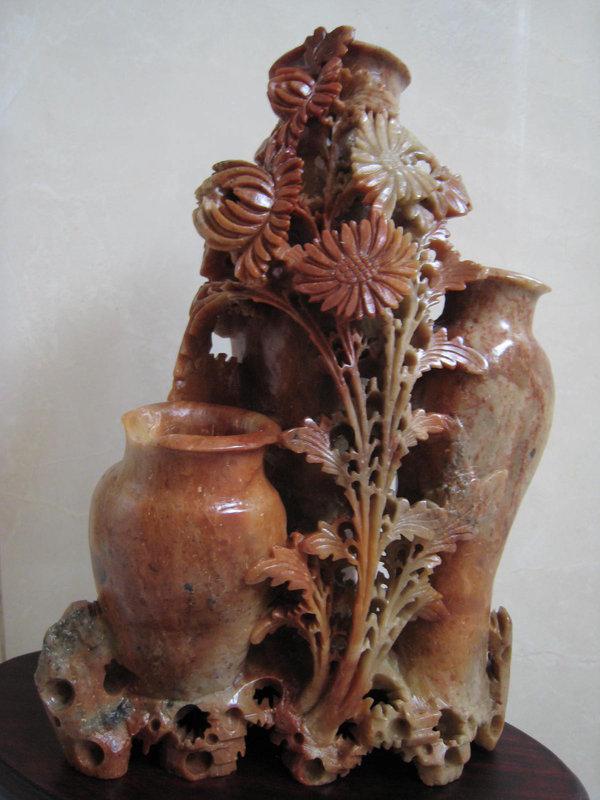 收藏很久的 壽山石 手工精雕件 雕刻 花瓶 花