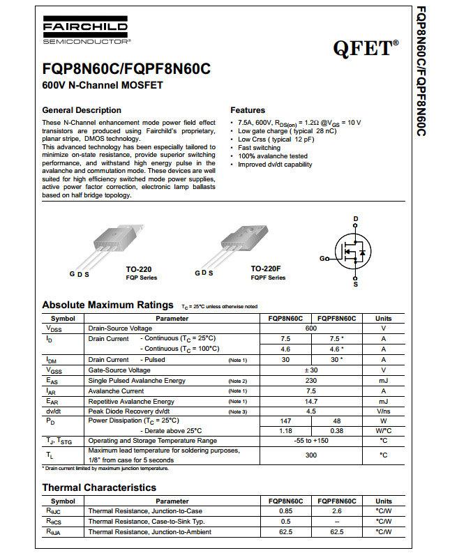 【DIY_LAB#880】8N60/FQPF8N60C(TO-220)N通道600V/7.5A MOSFET(現貨) | 露天市集 | 全台最 ...