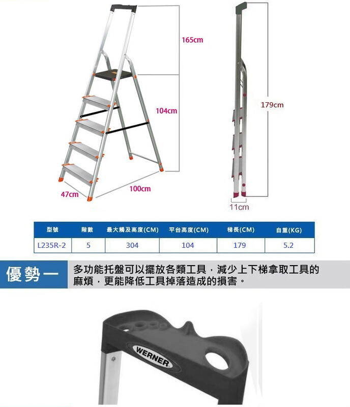 美國Werner 穩耐安全梯鋁合金寬踏板5階梯大平台鋁梯A字梯梯子/組L235R