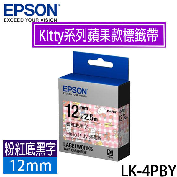 【MR3C】含稅附發票 EPSON 12mm LK-4PBY 粉紅底黑字 Kitty系列 蘋果款 原廠 LK 標籤帶