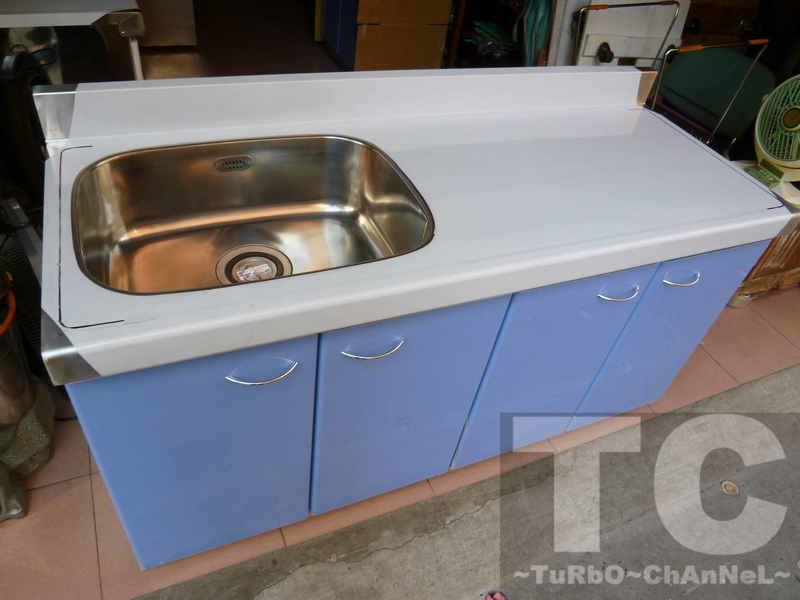 流理台【144公分洗台-左水槽】台面&櫃體不鏽鋼 素面藍色門板 最新款流理臺