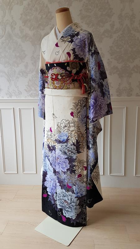 京都和服館＊二手正絹振袖和服＊白紫色漸層牡丹紋樣＊日本製-只販售