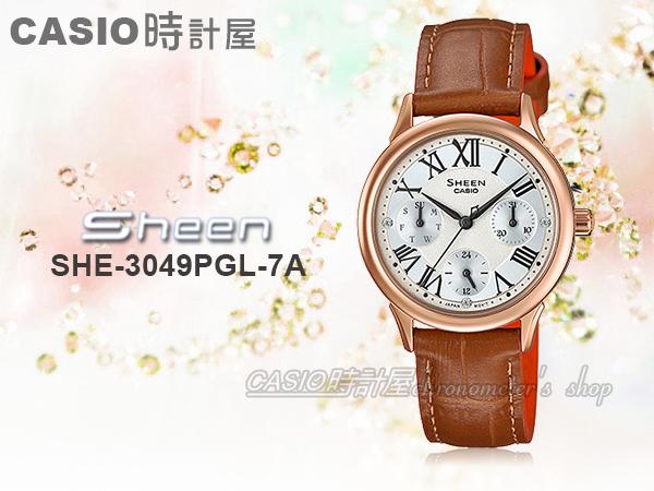 CASIO 時計屋 卡西歐手錶 SHEEN SHE-3049PGL-7A 女錶 皮革錶帶 三眼 防水 羅馬數字 保固