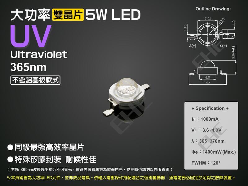 EHE】大功率5W雙晶片365nm UVA紫外線LED顆粒【不含鋁基】5H1U1。適半導體設備機台微塵檢驗、UV油墨印刷