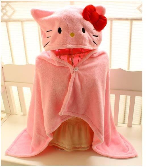 Kitty 披肩 卡通hellokitty 斗篷毯子  含KT帽子-2色(粉紅色/白色)