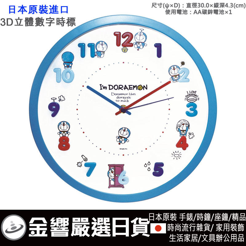 【金響日貨】日本原裝,Doraemon TJ-2926102DM,時尚掛鐘,連續秒針,靜音,3D時標,時鐘,直徑30cm