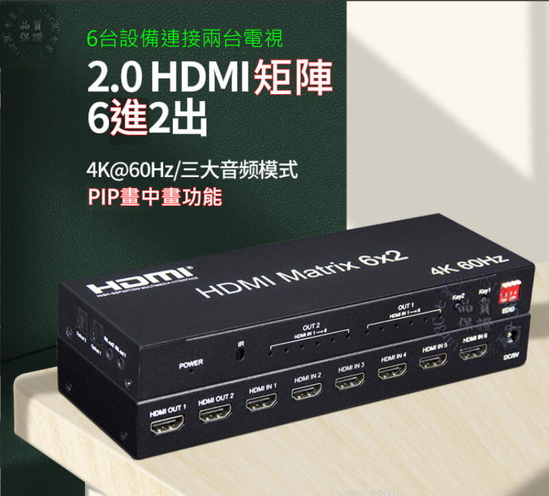 (台灣現貨) 真4K HDMI2.0版 6進2出 六進二出 矩陣 切換器 光纖 3.5mm 解碼器 DTS 獨立音源輸出
