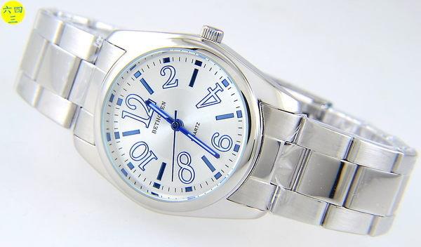 (六四三精品)3.4公分錶徑.不銹鋼錶殼及錶帶.精準錶!藍色直條加阿拉伯數字白面!