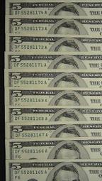 美金2003年發行5元面額紙鈔 共10枚 連號 避免有爭議要...