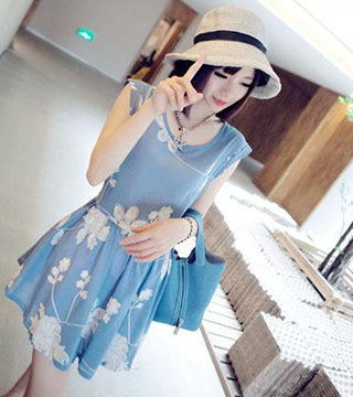 【yes99buy】新款 裙 上衣 2014夏裝새로운韓味刺繡련옷裙 花紋無袖洋裝(藍色)