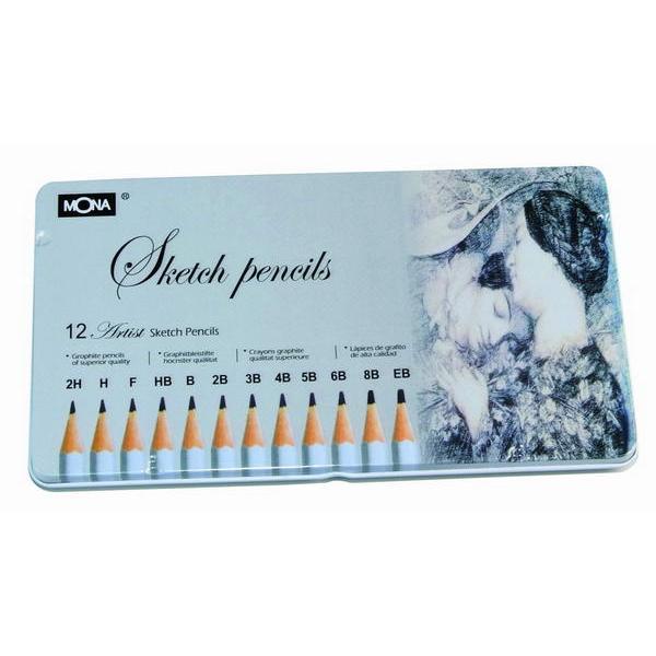 MONA蒙納素描鉛筆12支不同灰度2H-EB(鐵盒裝)專家級製圖鉛筆畫圖鉛筆美工鉛筆美術鉛筆素描筆