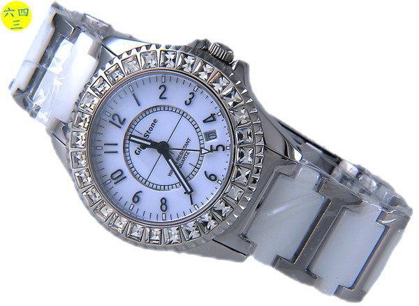 (六四三精品)GLSD STONE(真品)高檔白陶瓷.不銹鋼.藍寶石水晶鏡面大型鑽錶!白面
