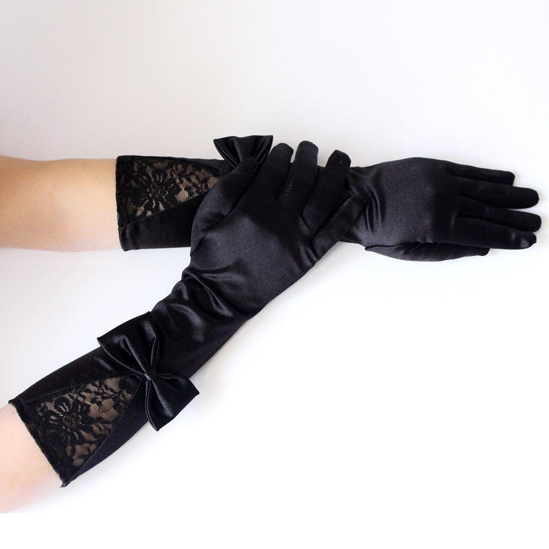 愛襪甜心【A-455】歐美風格❤黑色蝴蝶結蕾絲緞面拼接手套