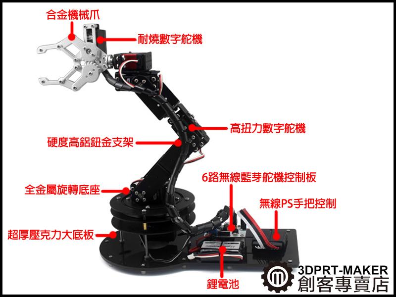 【3DPRT 專賣店】散裝 金屬機械手臂 6自由度關節 PS手把 藍牙 APP 控制★B03A002★