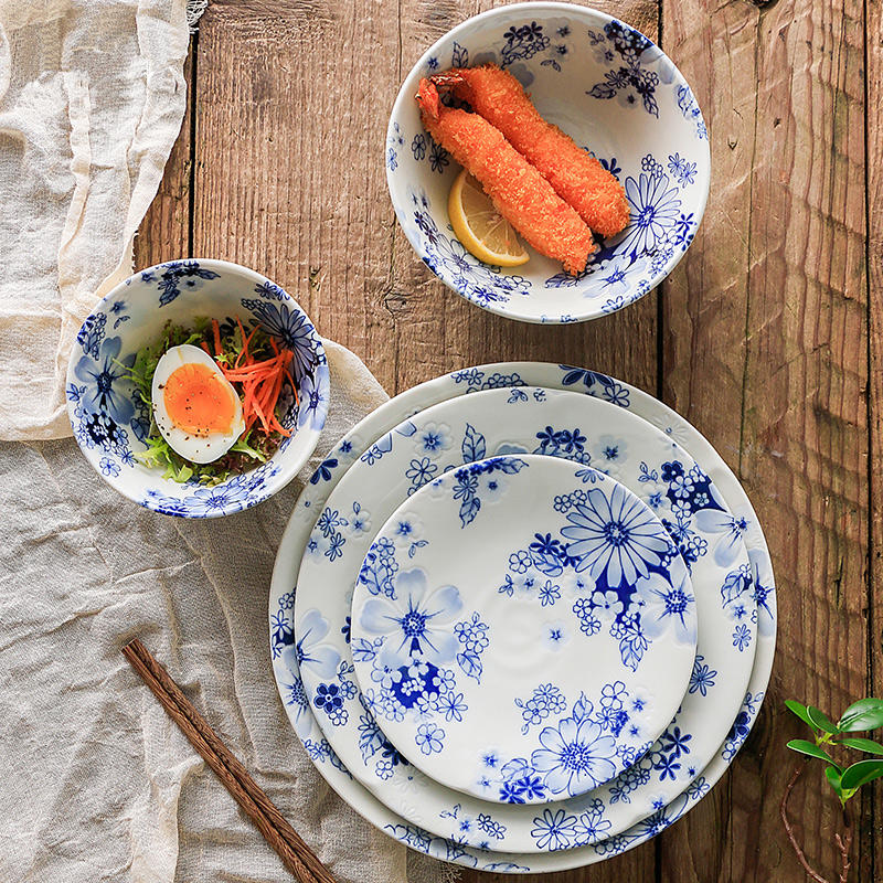日本製 有古窯 浮雕花集 藍花 浮雕盤 多用碗 丼碗 碗 深盤 平盤 盤 小缽 缽 菜盤 點心盤 日本進口
