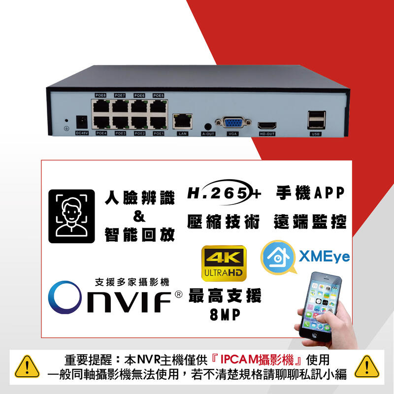 鉅龍 快速出貨 H.265+ 8路POE XM-NVR 800萬數位監控錄影主機 8CH 8MP POE NVR 4K