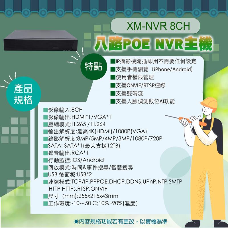 鉅龍 快速出貨 H.265+ 8路POE XM-NVR 800萬數位監控錄影主機 8CH 8MP POE NVR 4K