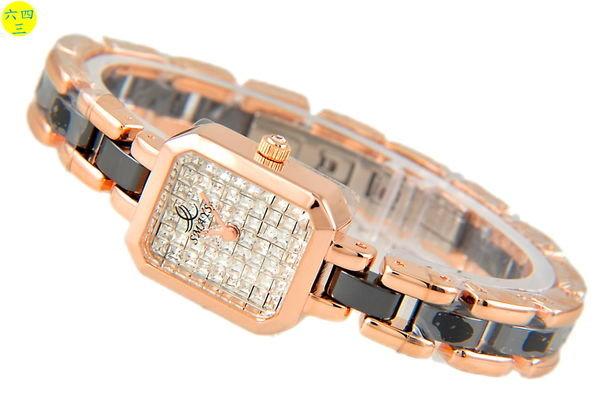 (六四三精品)SMAS(真品)超時尚陶瓷錶帶滿天星水鑽面盤.方型錶殼.玫瑰金色!