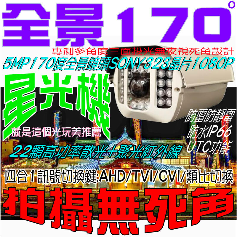缺貨中~全景170度四合一台灣製造AHD TVI 1080P彩色SONY323+22顆LED+抗干擾防雷