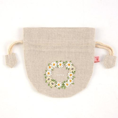 《散步生活雜貨-鄉村散步》  日本進口 Zenma - 手工刺繡 棉麻材質 束口袋 化妝包 - 花圈款