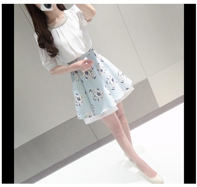 品名: 韓版假兩件名媛套裝短袖雪紡小香風裙子連衣裙(淺藍色)(XL) J-13400