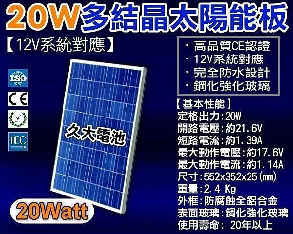 ✚久大電池❚ 太陽能 12V 20W 多結晶 太陽能板 CE ISO ROHS IEC 國際認證 (超高品質.節電省錢)