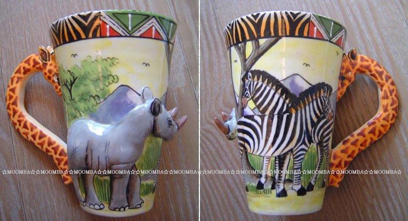 ☆MOOMBA☆ South Africa 南非 手工製 動物 長頸鹿手把 彩繪 陶杯 - 犀牛 INTU-ART COFFEE MUGS GIRAFFE HANDLE #515