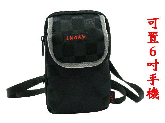 【小米皮舖】A6070-(特價拍品)LUCKy 直立斜背小包/腰包附長帶掀蓋格紋(黑)6吋