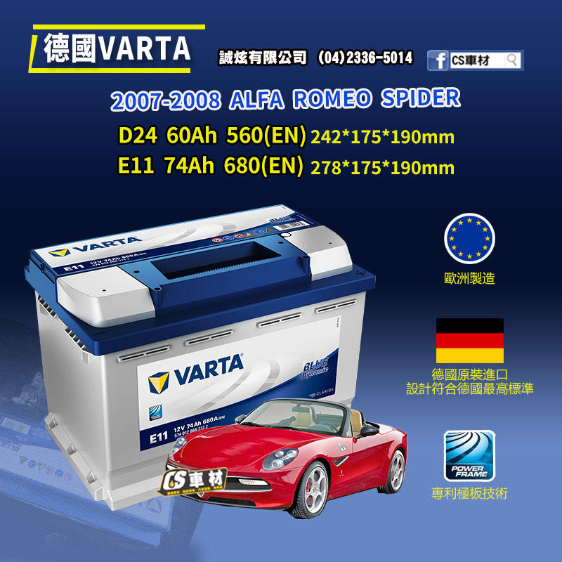 CS車材-VARTA 華達電池 ALFA ROMEO SPIDER 07-08年 D24 E11... 非韓製 代客安裝