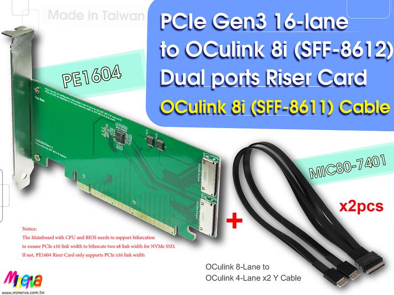 PE1604-PCIe x16 to OCulink 8i Dual ports 轉接卡+MIC80-7401線x2套件