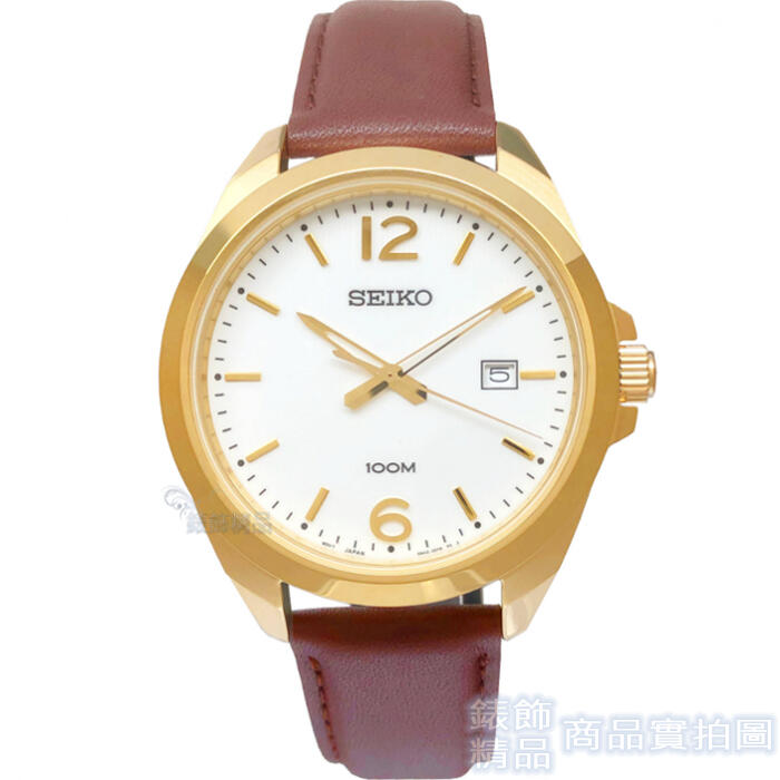 SEIKO 精工 SUR216P1手錶 白面金框 日期 咖啡色皮帶 男錶 【錶飾精品】