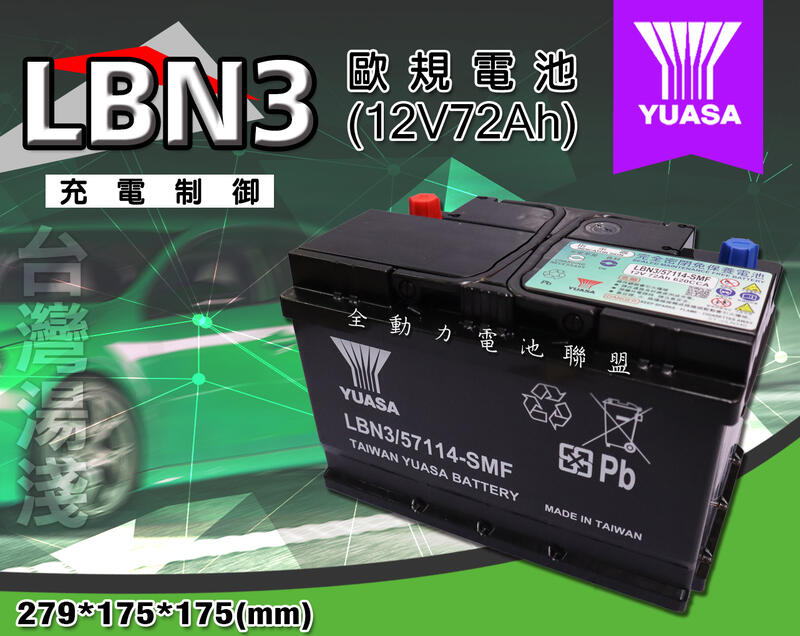 全動力-湯淺 YUASA 歐規電池 免加水 汽車電瓶 LBN3 (72Ah) 同57114 全新直購價!