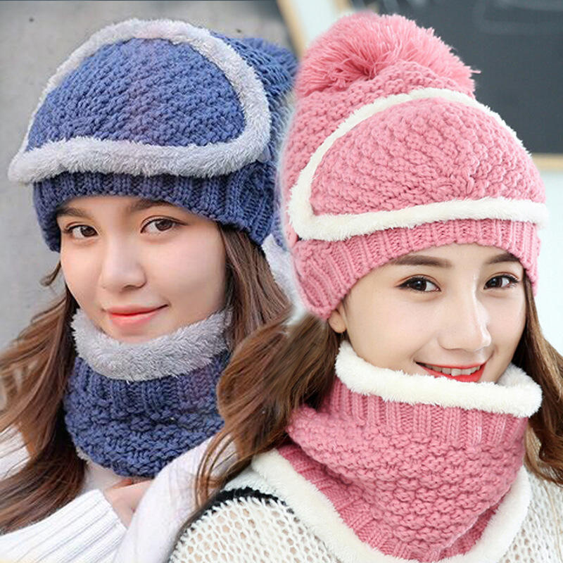 [現貨-寒冬特價]M-06毛線帽子加厚加絨保暖防風護耳帽 針織帽+圍脖+口罩三件套裝(粉色)