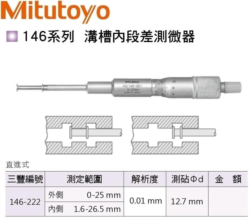 日本三豐Mitutoyo 146-222 溝槽內段差測微器外側:0-25mm 內側:1.6-26.5