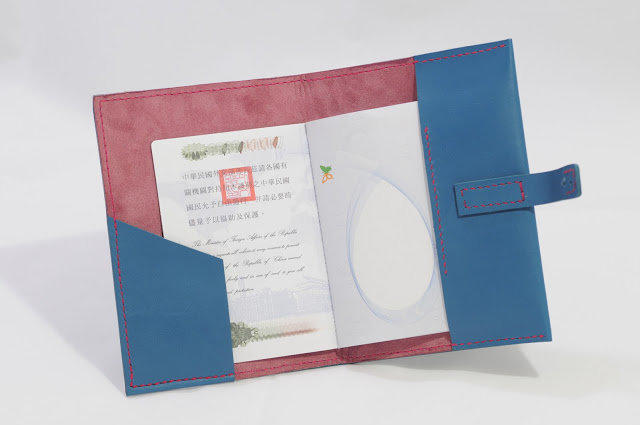 手做皮件 #020 土耳其藍+粉紅色細線 護照夾, 筆記本夾