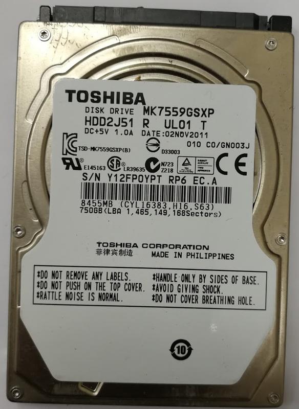 二手不良品  TOSHIBA    MK7559GSXP 2.5吋 750G硬碟