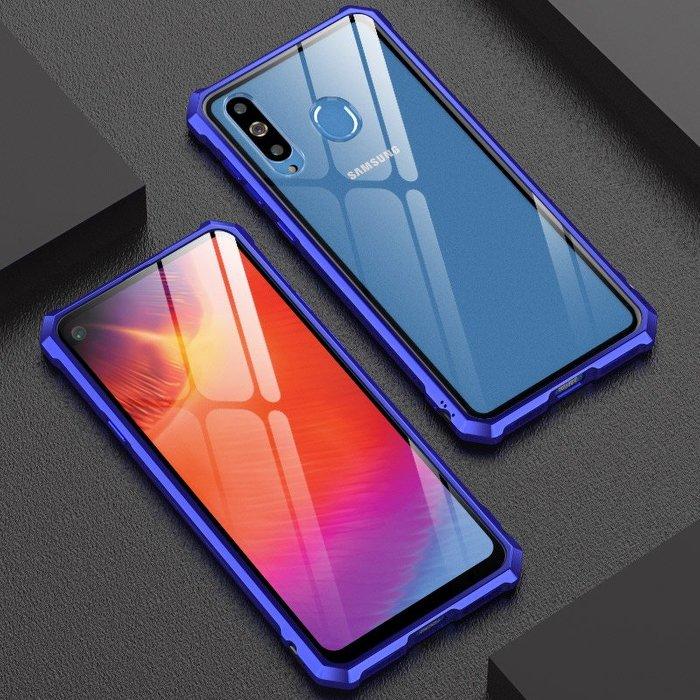 限量版三星 Galaxy A8S 2019新版 手機殼 卡扣式 金屬邊框+鋼化玻璃背板 保護套 透明硬殼背蓋保護殼