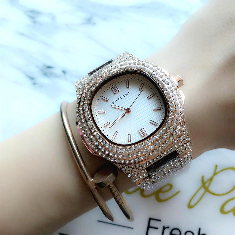 SFNY 新款 奢華時尚方形面外框鑲鑽鋼帶女石英錶【S & C】
