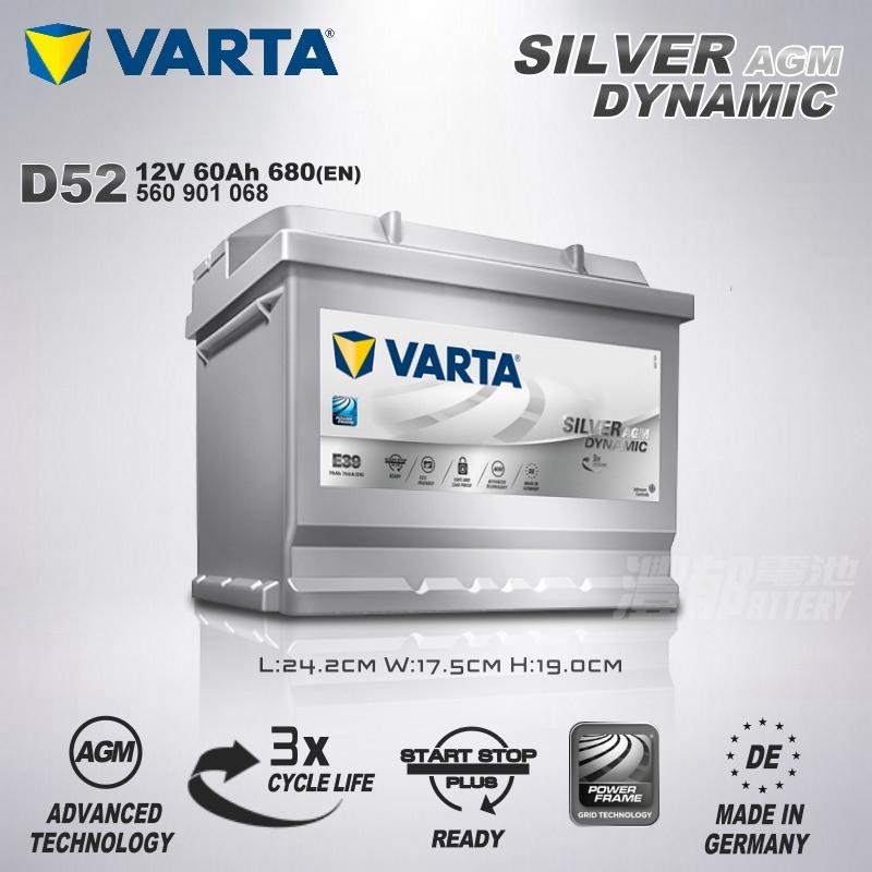 『灃郁電池』原裝進口 VARTA 銀合金免保養 AGM 啟停系統車 汽車電池 DIN60 D52