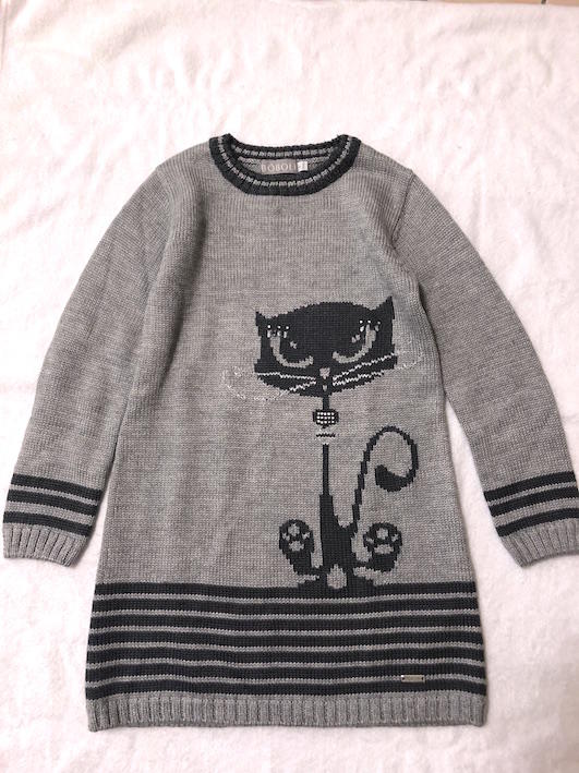 【低價出清】二手(女童)西班牙製BOBOLI灰色貓咪圖騰針織洋裝-6Y