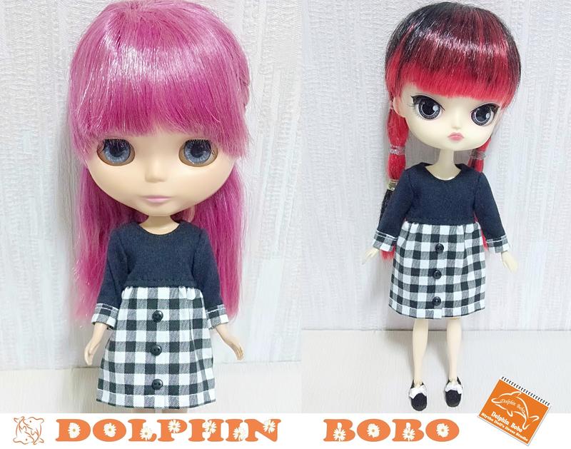 Dolphin Bobo娃衣工作室~黑色拼接黑白格紋洋裝