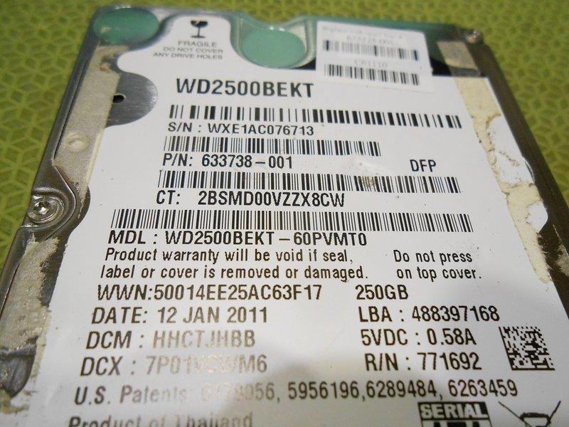WDC 250GB SATAII WD2500BEKT  （7200rpm） 2.5吋筆電硬碟【無壞軌、無異音】