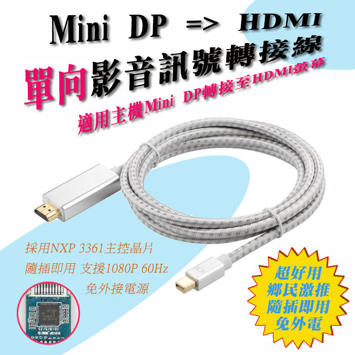 PC-138 全新 Mini DP to HDMI 單向 訊號轉接線 支援1080P 60Hz 高畫質影音轉接線 螢幕線