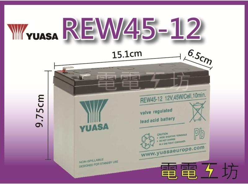 電電工坊 全新 湯淺 REW45-12 不斷電系統 UPS 鉛酸電池 密閉式免加水 高率型 長壽耐用 台灣製 保固一年